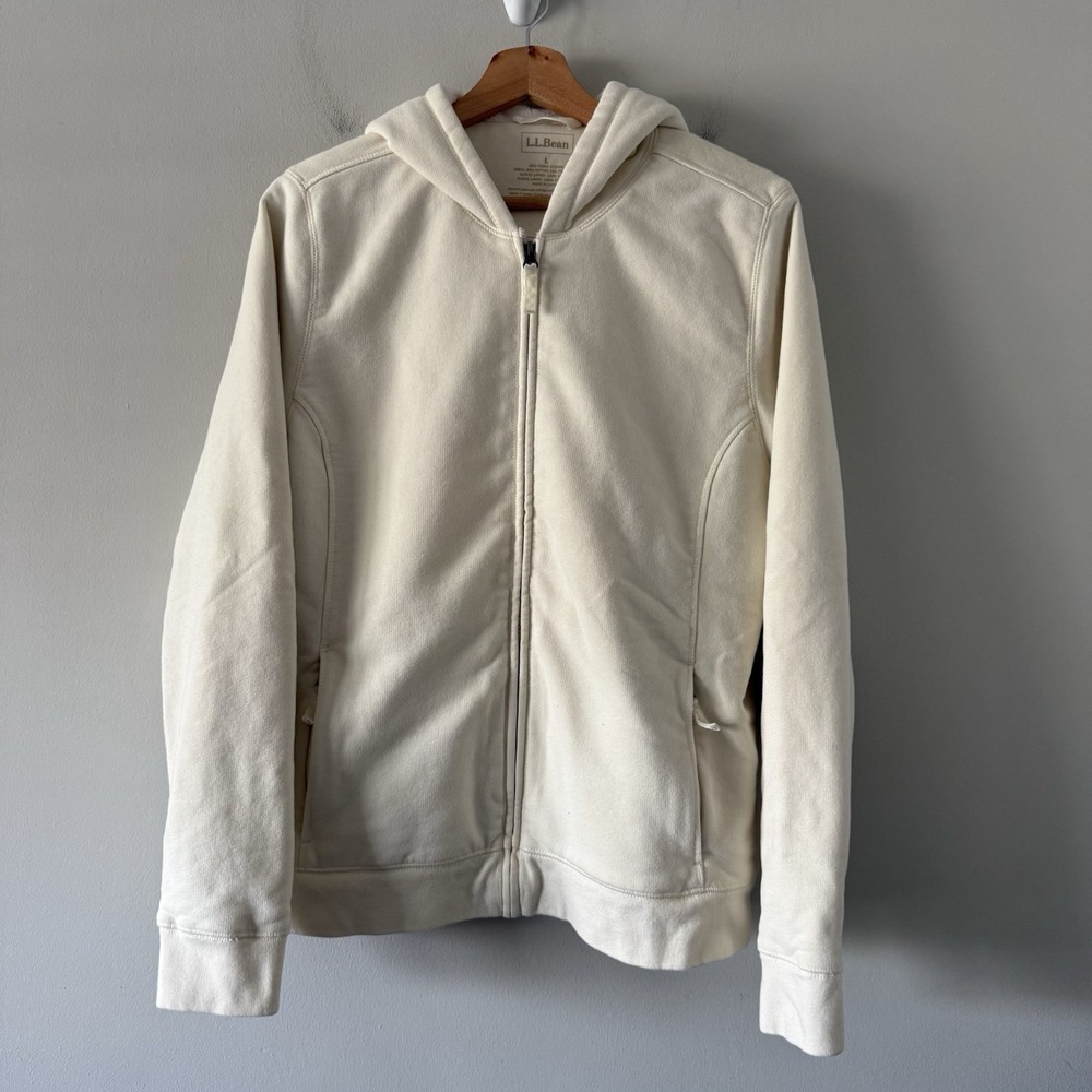 LL Bean Sherpa Lined Hoodie Womens L Full Zip Fleece Outdoor Sweatshirt Beige